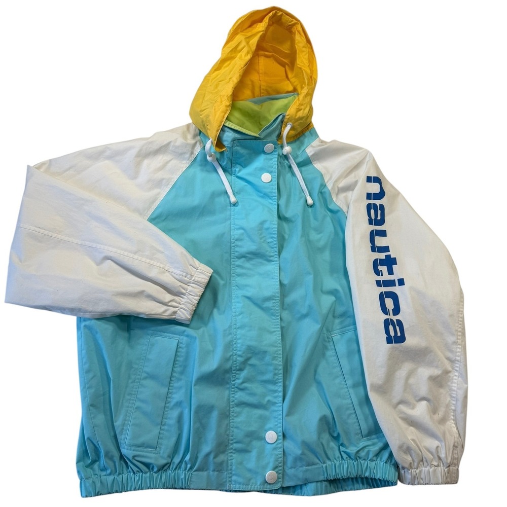 Vintage Nautica Colorblock Sailing Jacket Men's L Blue White Yellow Hooded Logo